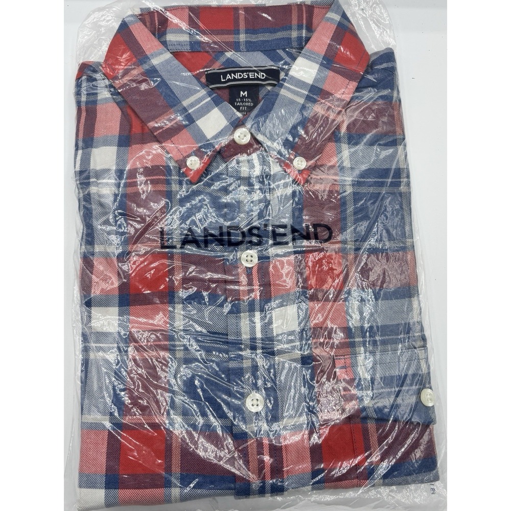 NWT Lands' End Men's Blue / Red PlaidTailored Fit Button Up Shirt Size M 15-15.5